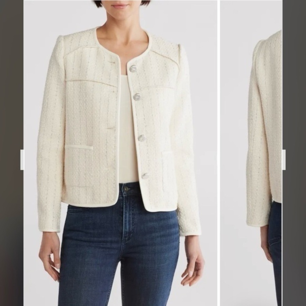 rag & bone Mira Collarless Tweed Jacket in Ivory/ Silver Size M